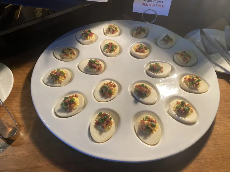 Deviled eggs on a round white platter